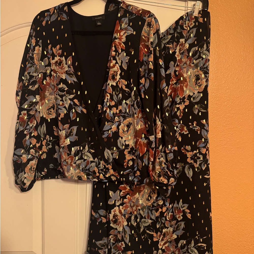 Halogen Black Skirt Set with Multicolor Floral Accents
